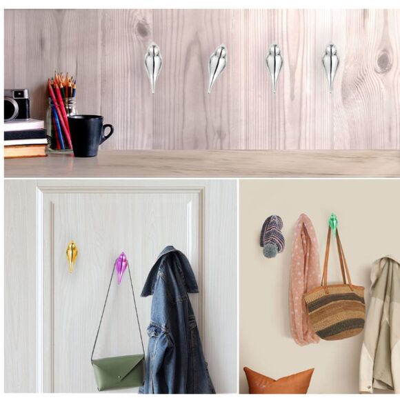 5 Bird Wall Hooks Resin Blue Gold Silver Pink Green - Picture 6 of 7